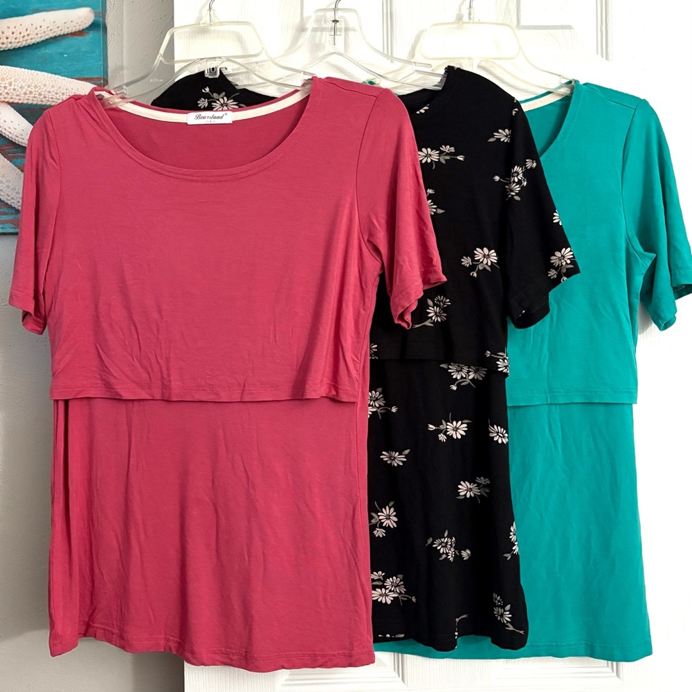 Bearsland Pink, Black, and Teal Short Sleeve Nursing Top Bundle